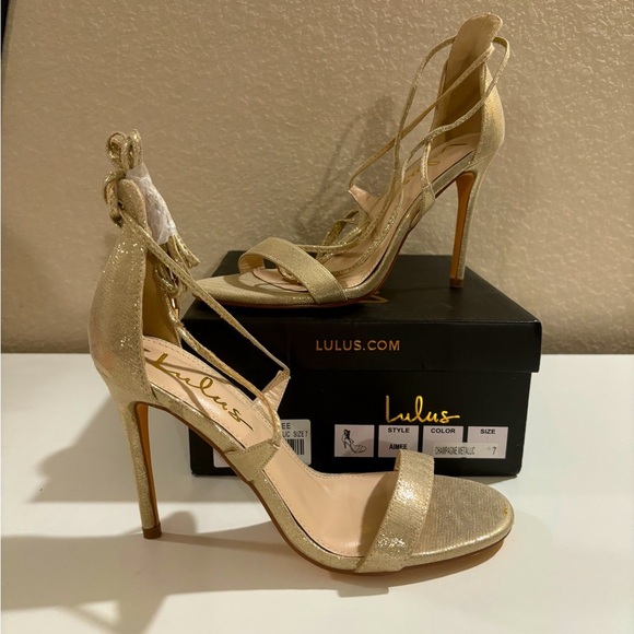 NWT Lulus Aimee Champagne Gold Metallic Lace Up Strappy Heeled Sandals 7 - Picture 2 of 10